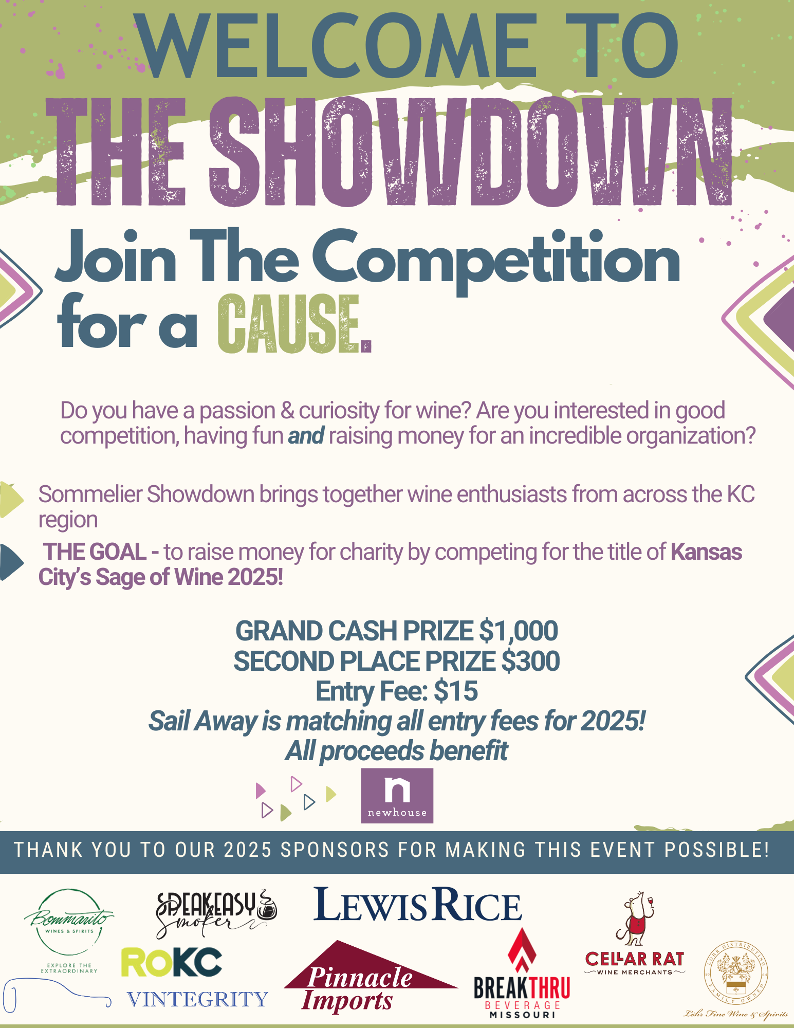 This is a flier detailing information about the 2024 Sommelier Showdown. Important details include that contestants compete against each other in a wine tasting tournament to raise money for a charitable cause: this year being Hope House in Kansas City. Compete for the community!